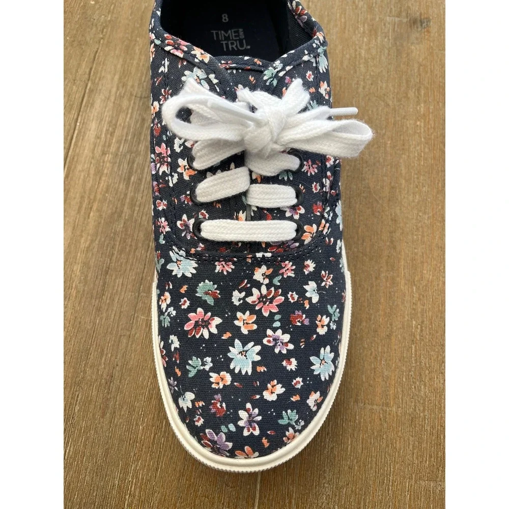 Time and Tru Women's Floral Lace Up Memory Foam Navy Sneakers Sz 8 EUC Comfort